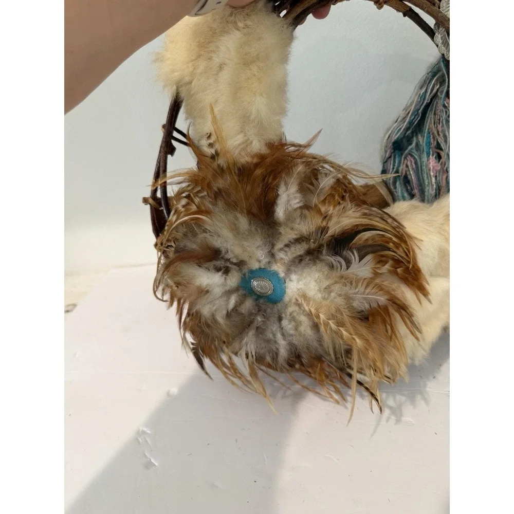 Vintage Native American Style Twig Basket Wreath Rabbit Fur Feather Concho 14